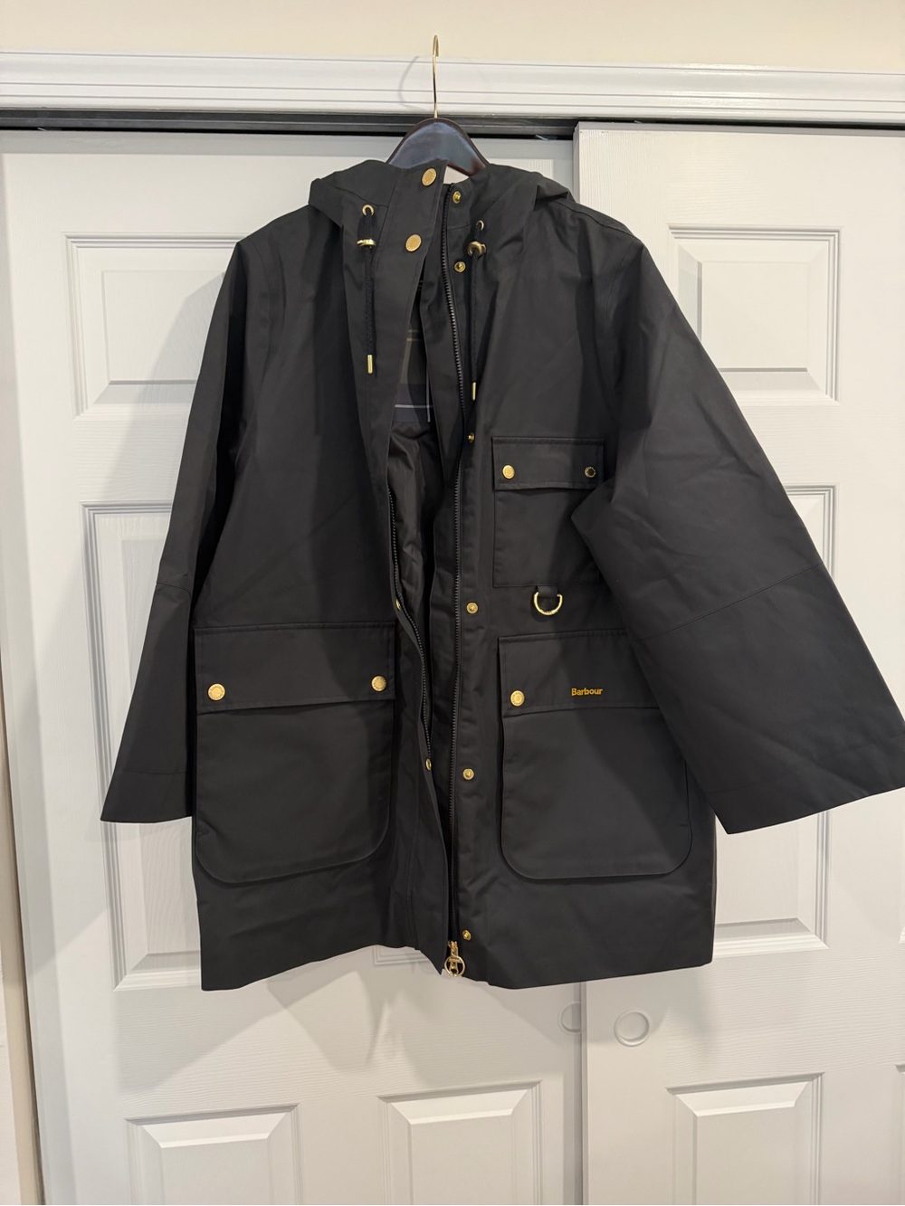 Barbour Black Hooded D-Ring Raincoat with Brass Accents